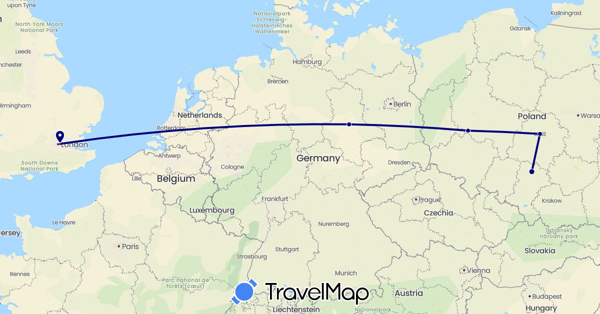 TravelMap itinerary: driving in Germany, United Kingdom, Poland (Europe)